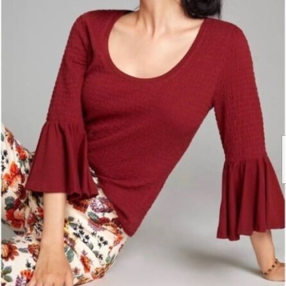 Anthropologie  Dark Red Smocked Bell-Sleeve Top Size M - Picture 1 of 9